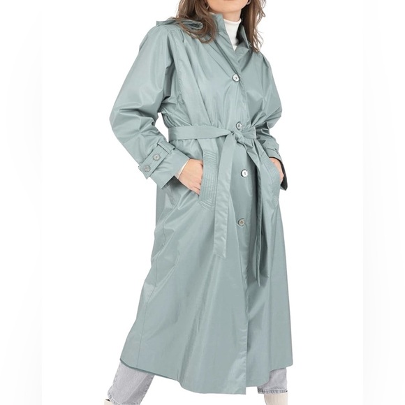 Chic Sage Long Rain Coat with Belt - Picture 6 of 9